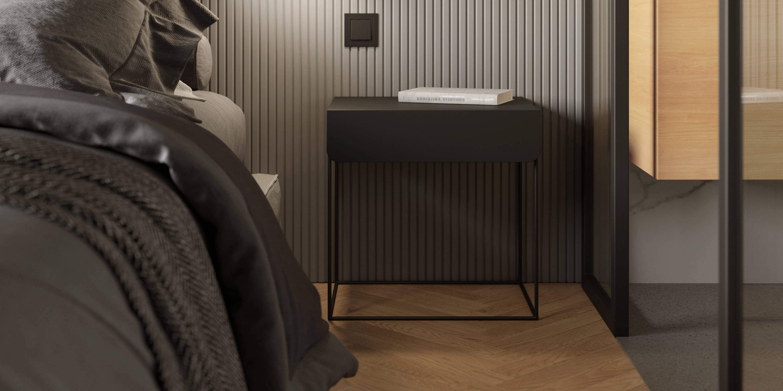 czarny minimalistyczny stolik nocny z szuflada