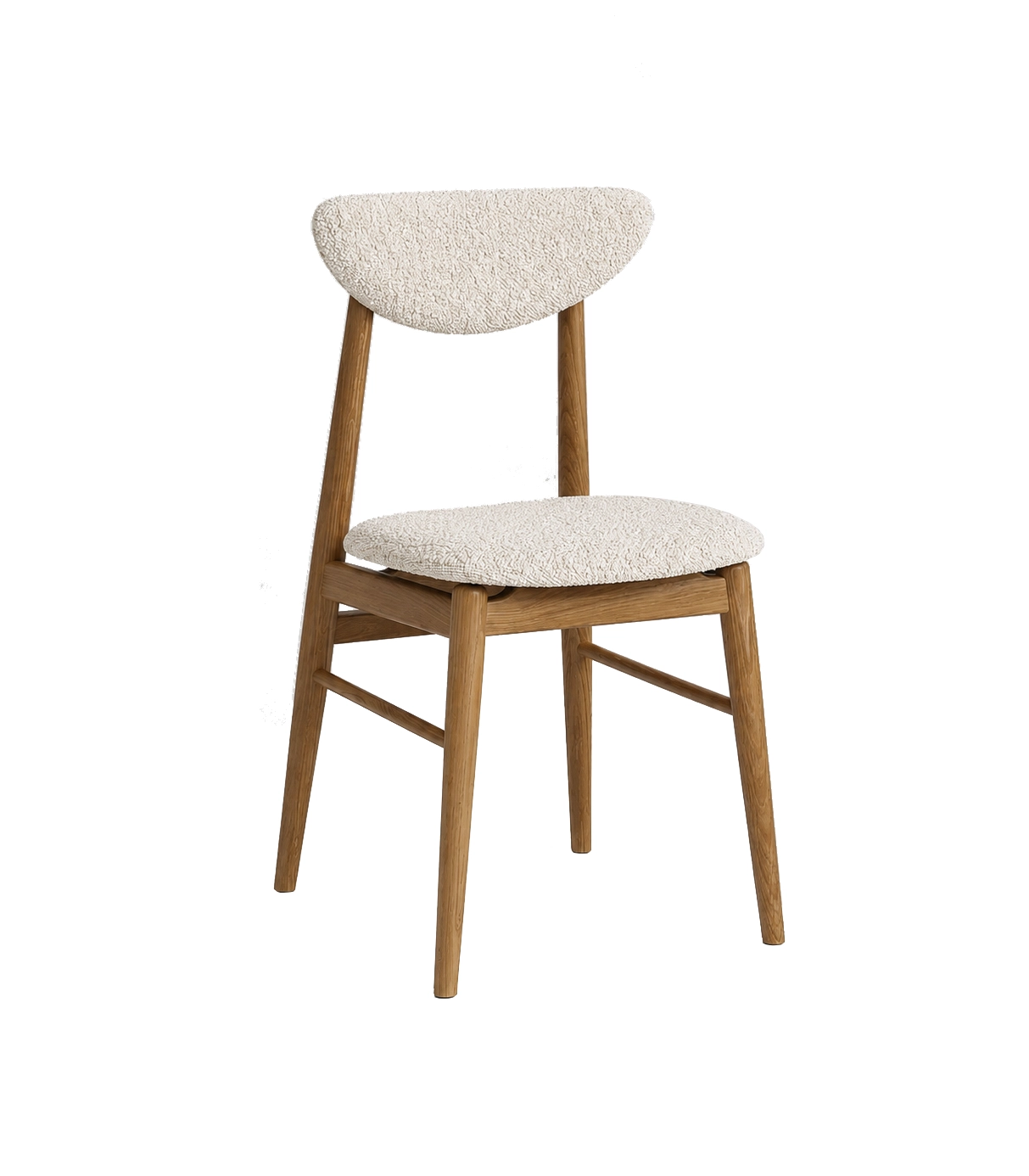krzesło dębowe mid century modern klasyczne boucle jasna tapicerka